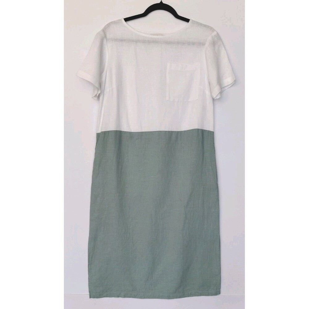 Magic Linen Size S Two-Tone Green/White Short Sleeve 100% Linen Midi Dress
